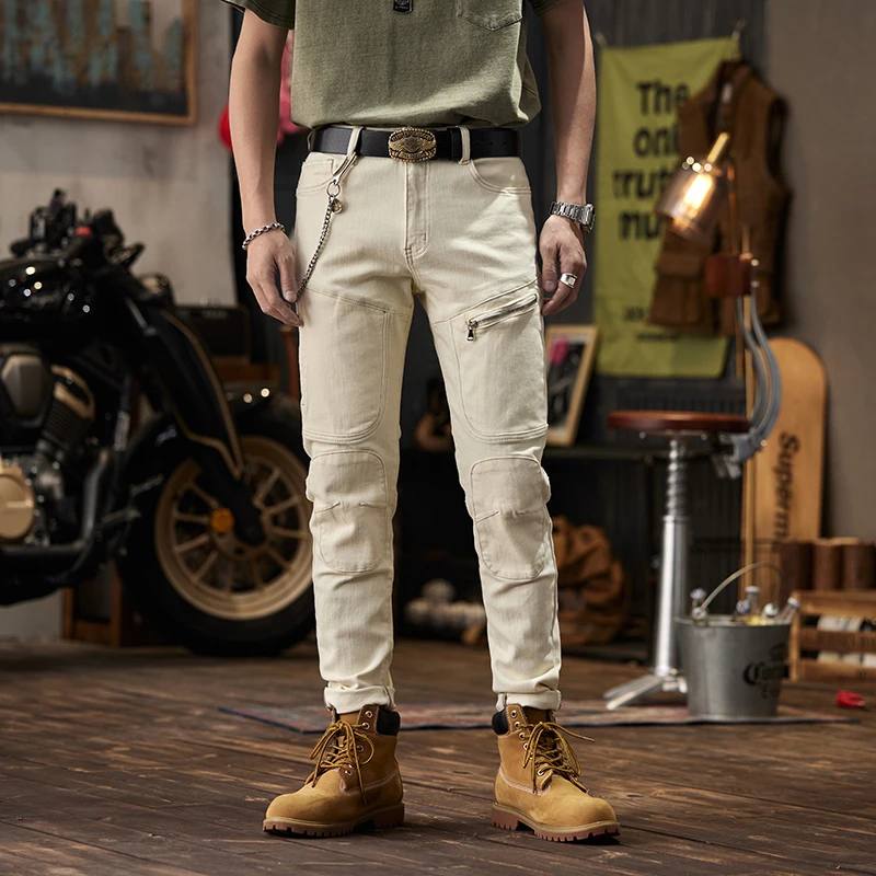 High-End Washed Stitching Zipper Men\'s Jeans Beige Trendy Pu Handsome Motorcycle Slim Straight Stretch Feet Pants