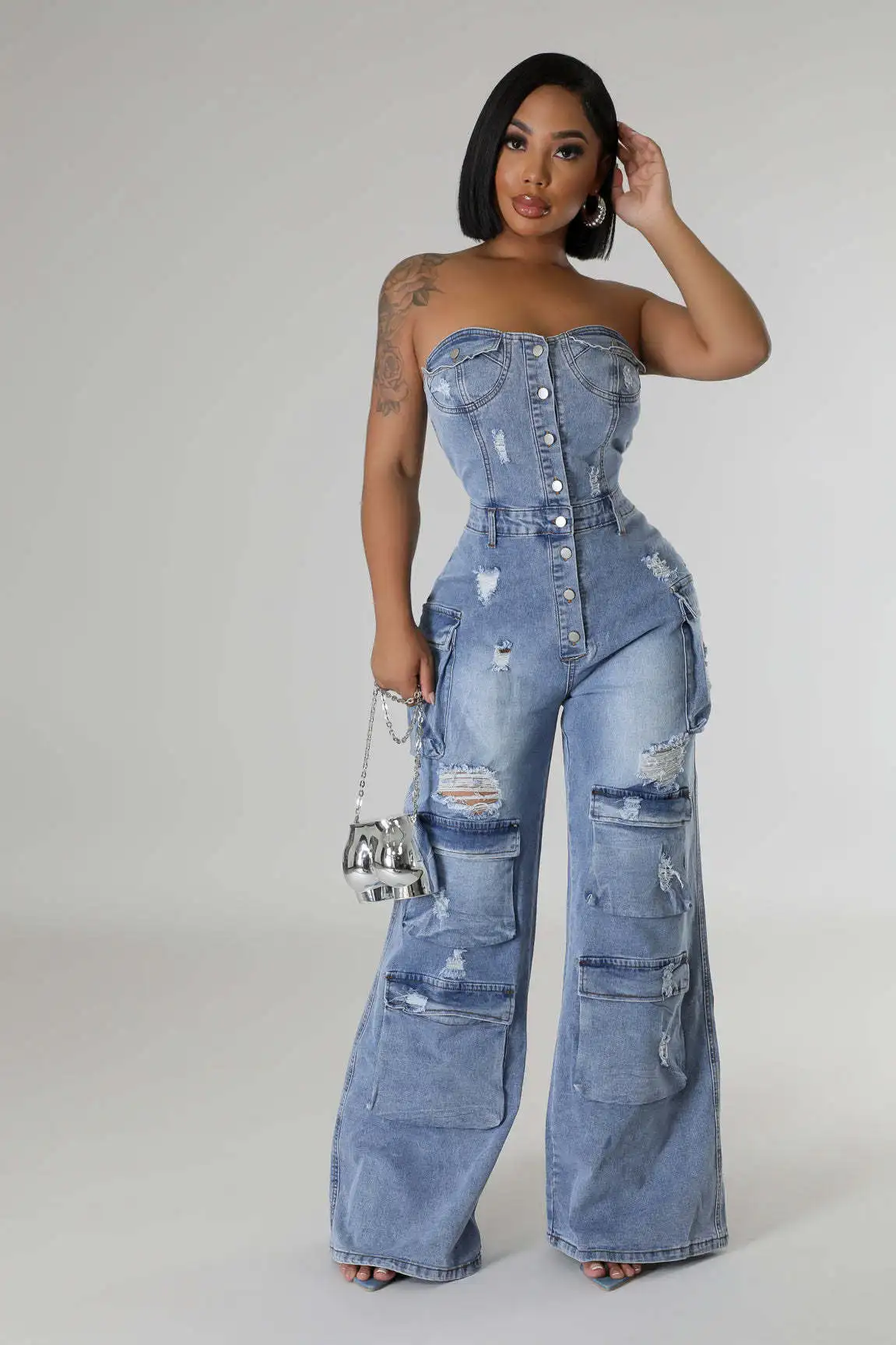 Wide Leg Jeans Stretch Jumpsuit Sexy Women Strapless Elegant Blue Ripped Denim Cargo Overalls Rompers