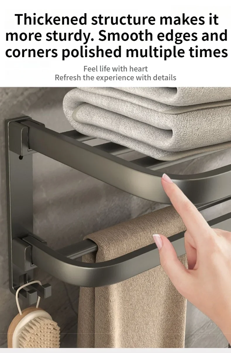 ترقية وسميكة رمادي/أسود 50 سنتيمتر-60 سنتيمتر للطي حامل أرفف المناشف الألومنيوم مع حامل منشفة هوك
