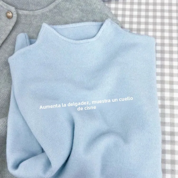 

Unique Milk Blue Knitted Base Shirt Half High Collar Women's Autumn Winter 2025 Style Super White Looking Sweater Top