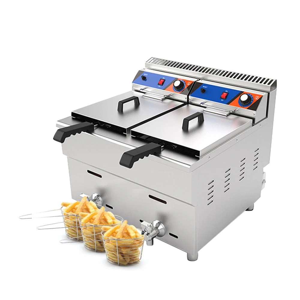 Commercial 34L Potato Chips Frying Electric Double Tank Deep Fryer With Double Sieve