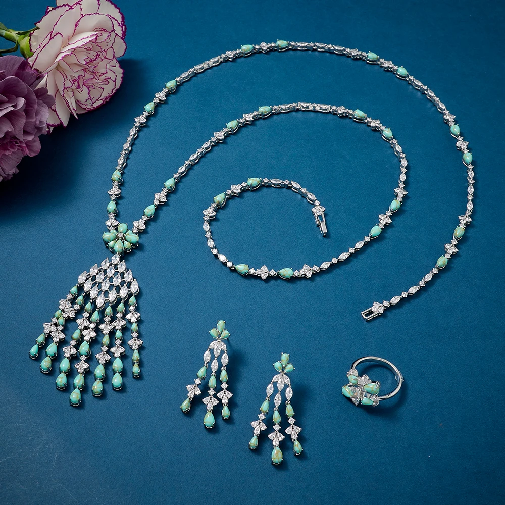 

IN JEWELIFE Trendy Tassel Turquoise Zircon Long Necklace Earring Ring Jewelry Sets for Women Party Luxury Wed Jewellery