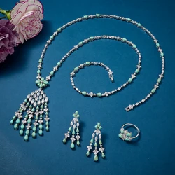 IN JEWELIFE Trendy Tassel Turquoise Zircon Long Necklace Earring Ring Jewelry Sets for Women Party Luxury Wed Jewellery