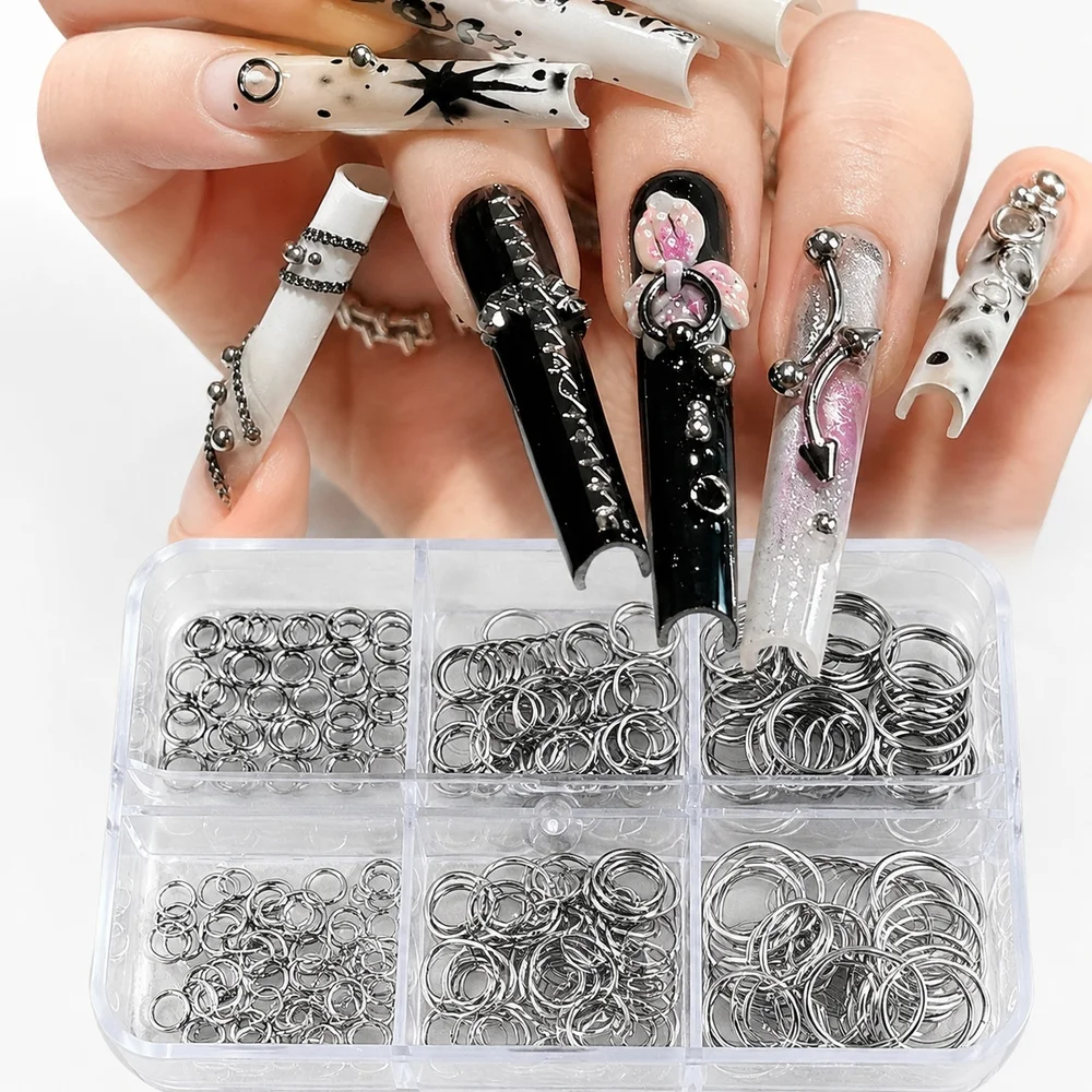 6Grids Multi‑Style Nail Punk Charms Metal Open Jump Rings Hollow Circle Loops Ornaments For DIY Nail Salon Acrylic Manicure