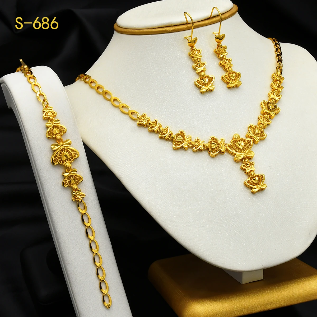 Dubai 24k Gold Color Elegant Flower Necklace Earrings Ring Bracelet Set for Women Africa Jewelry Sets Daily Wear Accessories New