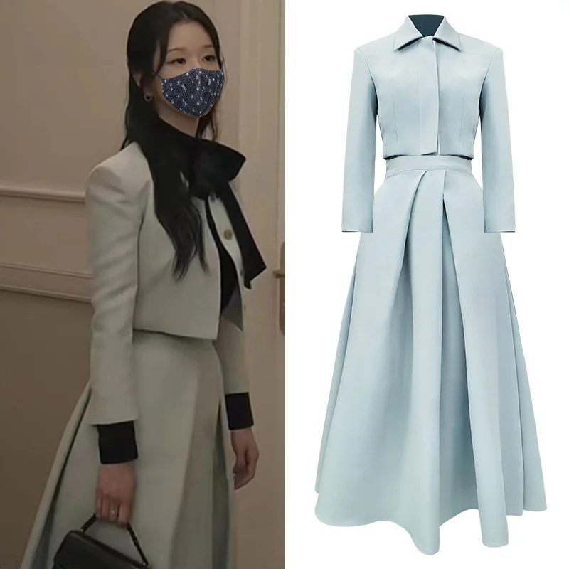 

Eve Sle Small Fraance Wind Suit Set with Bow Tie Blouse f Skirt Commute Straight Tube Morandi Color Suit for Women
