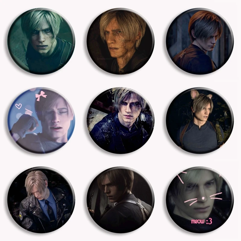 Leon Kennedy Evil Game Character Button Pin Pink Bow Cute Leon Meme Brooch Badge Bag Cloth Decor Fans Collect Friends Gift 58mm