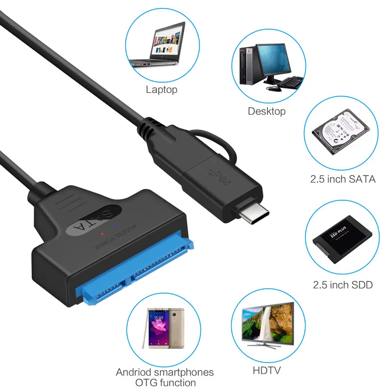 USB 3.0 and Type-C to SATA 22 Pin 2 In 1  2.5 Inch Hard Disk Driver SSD Adapter Cable Converter