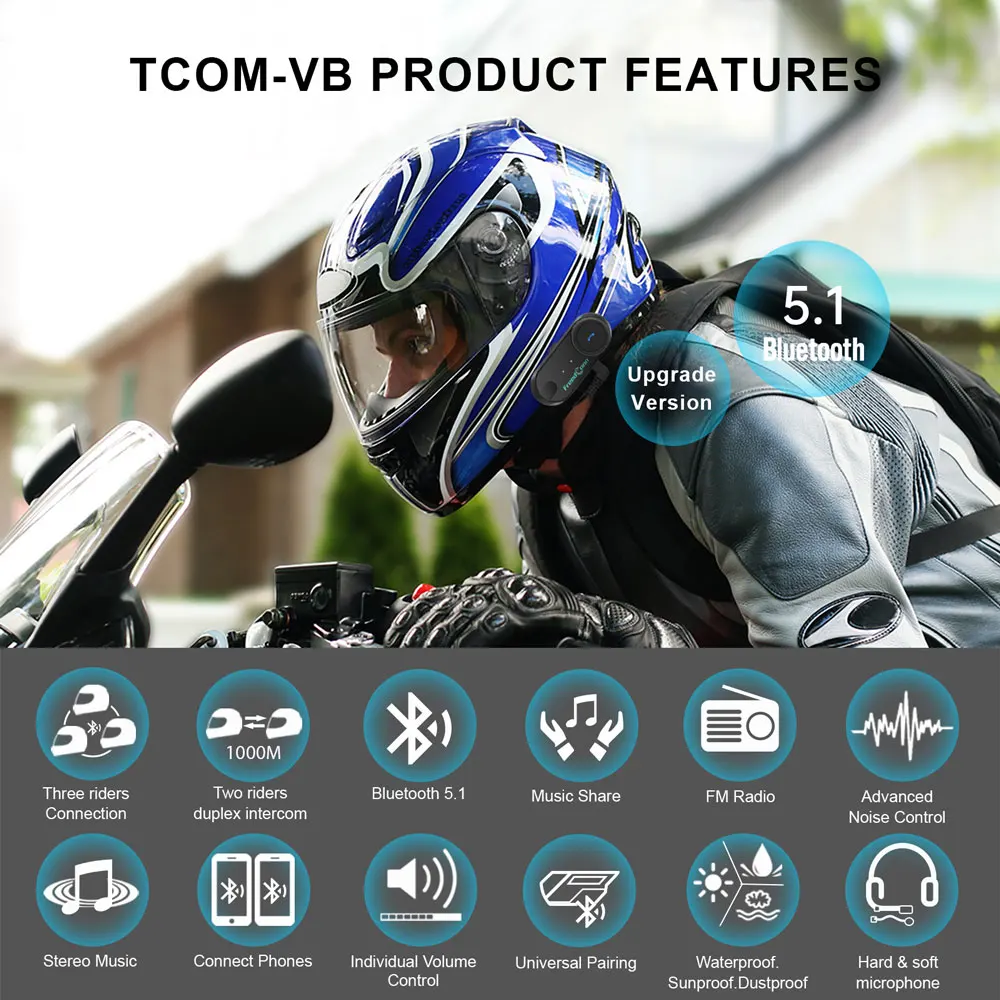 Freedconn Helmet Bluetooth Headset Group Motorcycle Intercom Headphones FM Music Share Intercomunicador up to 6 Riders T Com VB