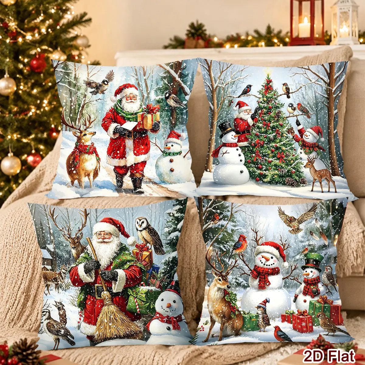 4pcs Merry Christmas Pillow Covers Santa Xmas Tree Soft Polyester Throw Pillow Covers Christmas Decor for Home Sofa Couch 2026