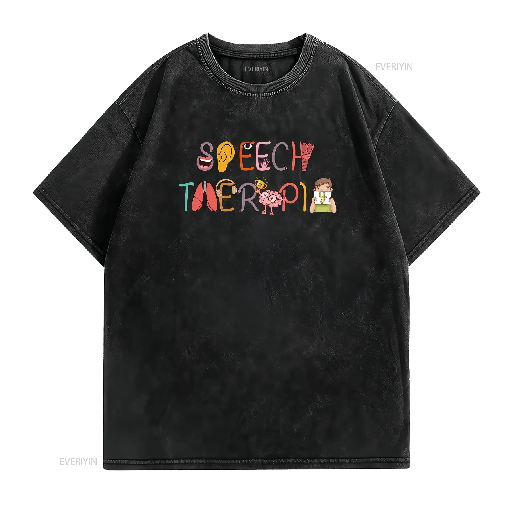 Funny Cartoon Speech Therapy Colorful Print Casual T Shirt vintage Washed Top For Everyday Wear Stylish Breathable Soft
