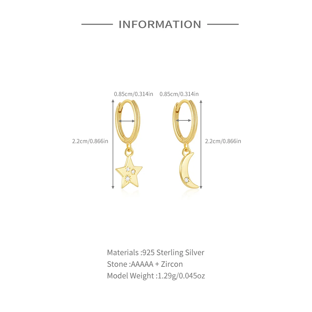 Aide 925 Sterling Silver Star Moon Mini Zirconia Hoops Earrings For Women Hypoallergic K Gold Huggie Elegant Piercing Jewelry