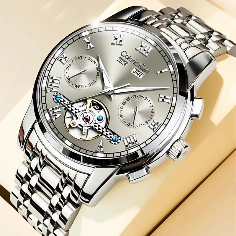 

Деловые мужские механические часы, водостойкий ремешок из нержавеющей стали, автоматические часы, мужские модные наручные часы со скелетом и турбийоном