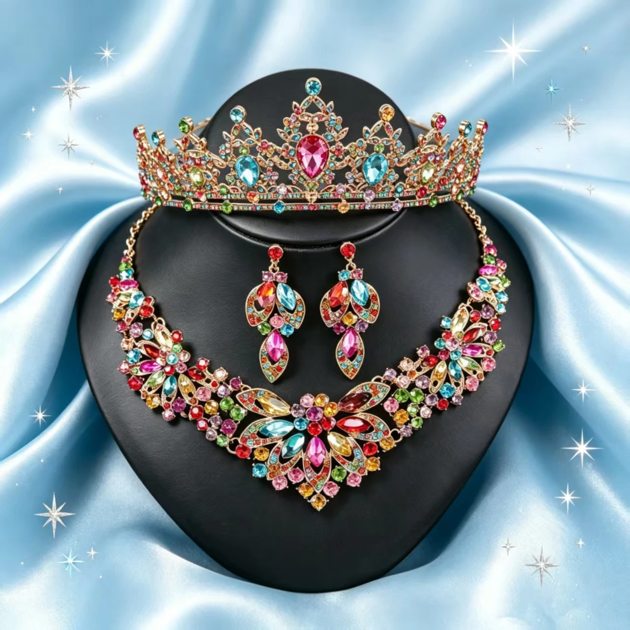 Luxury Crown Necklace Earrings Set Colorful Water Crystal Crown Party Theme Party Wedding Headwear Beauty Contest Set