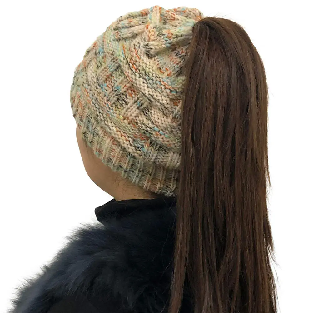 

Women Ponytail Knitted Knitting Wool Hat Ponytail Hat for Outdoor Riding Camping Christmas Woolen For Woman Gift