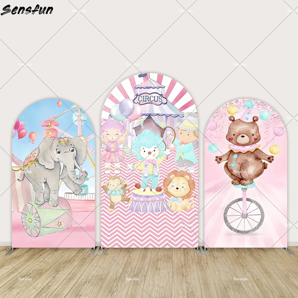 สีชมพู Circus Theme Party อุปกรณ์ตกแต่งวันเกิดสำหรับเด็ก Party Clown สัตว์ Elephant Baby Shower Arch ฉากหลังครอบคลุม