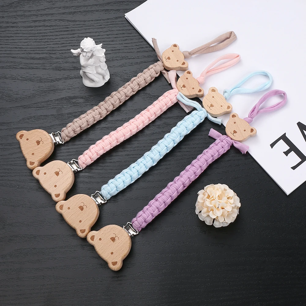 Baby Pacifier Chain Beech ไม้สัตว์จุกนมคลิปสานเชือกฝ้ายสําหรับทารกจุกนมหลอก Dummy ผู้ถือโซ่พยาบาล Chew ของเล่น