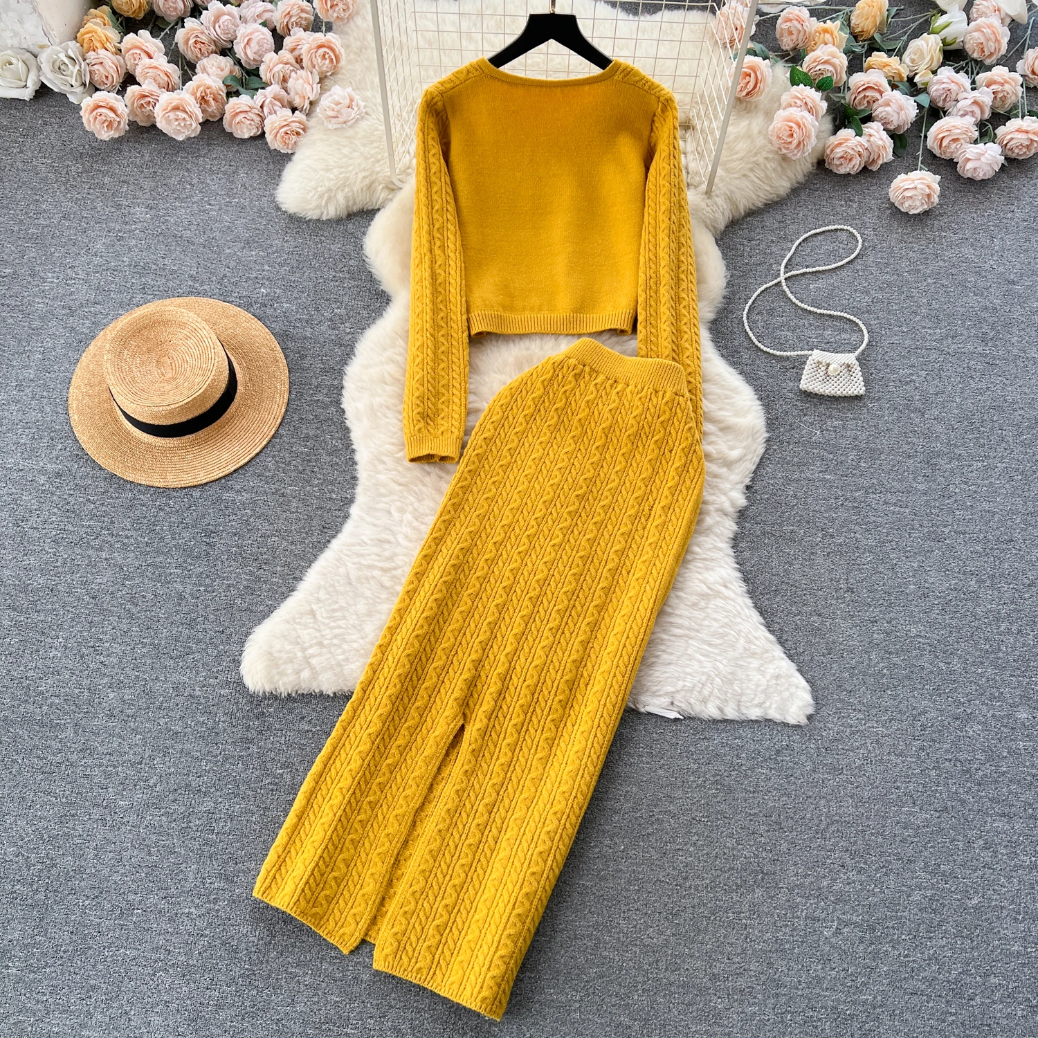 Autumn Winter Women Vintage Twisted Knitted Skirt Suits Fashion Short Pullover Sweater And Split Hem Long Skirt Two Piece Set