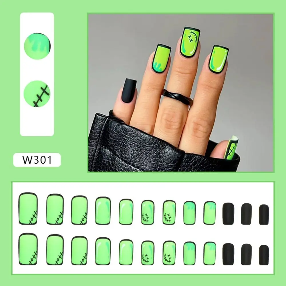 Matte Nails Comic Style False Nails Coffin Shaped Neon Green Y2k Style Press on Nails Full Cover French Manicure