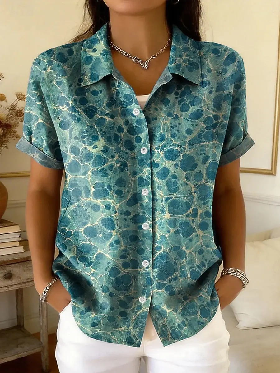 Women's Tie Dye Graphic Print Button Short Sleeve Shirt Collar Tops, Casual Stylish Daily Wear, Blue Green for Spring & Summer