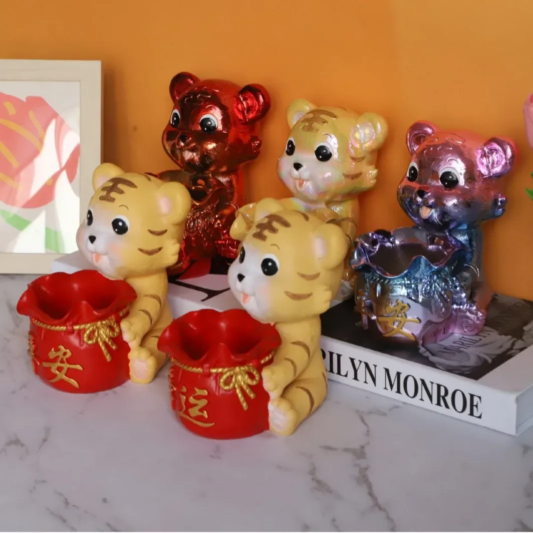 Cute Lucky Tiger Resin Pen Holder, Large Capacity Cartoon Desk Organizer,Stationery Storage Cup, Aesthetic Decor For Kids Study