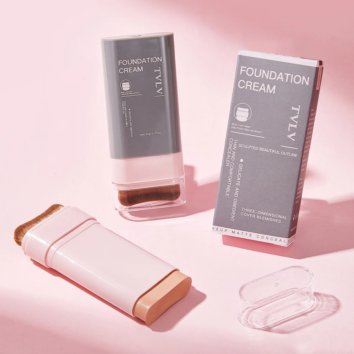 TVLV コンシーリングファンデーションスティック：5色展開、ブラシ付き - クリーム仕上げ、軽量でウォータープルーフ