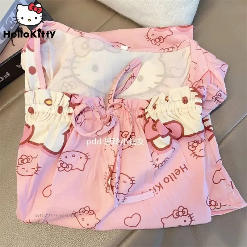 Hello Kitty Nightdress Women\'s Cute Cartoon Sanrio Nightwear Summer New Short Sleeved Medium Length Casual Loose Home Nightgowns