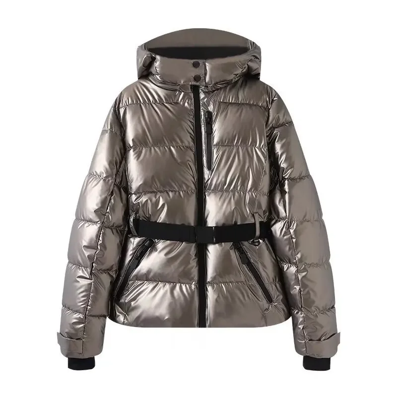 Winter Hooded High Waist Padded Sport Parkas Coats with Belt Female Elegant Thick Warm Pockets Windproof Skiing Jackets 2025