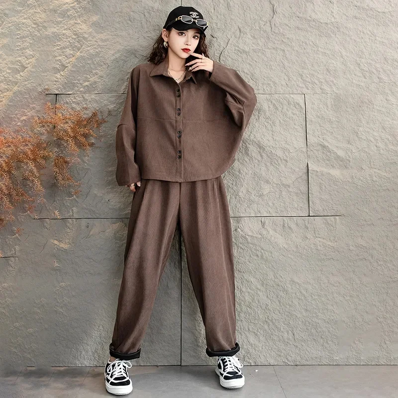 Spring and Autumn Lazy Style Retro Age Reducing Fashion Set Women's Loose Meat Covering Bat Sleeve Top Haren Pants Two Piece Set