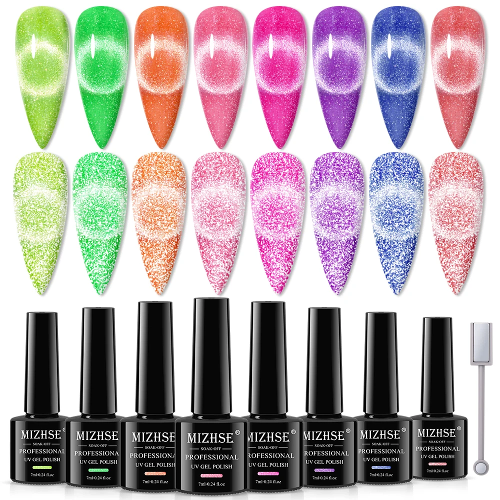 

MIZHSE 7ML Reflective Glitter Cat Magnetic Gel Nail Polish Set Fluorescent Soak Off UV Neon Laser Cat Eye Gel Nails Art Polish