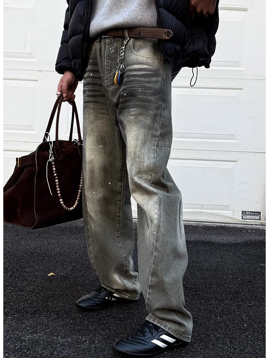 

Мужские джинсы большого размера Heavy Du, с эффектом грязевого окрашивания, выцветшие, в американском стиле, свободного кроя, с потертостями, с эффектом вырезов, длинные, P...