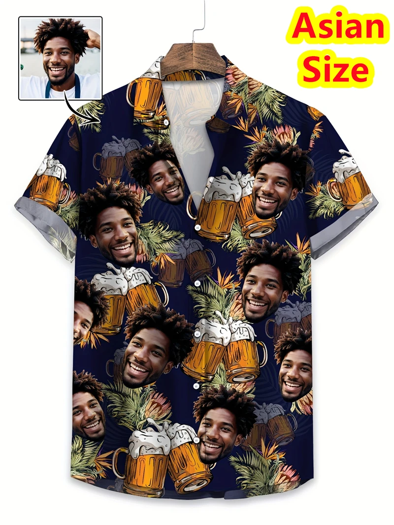 Face Photo Beer Man Shirts Clothing Custom 3D Print Hawaii Beach Shirt Y2k Top Women Clothes Short Sleeve Blouse High Quality