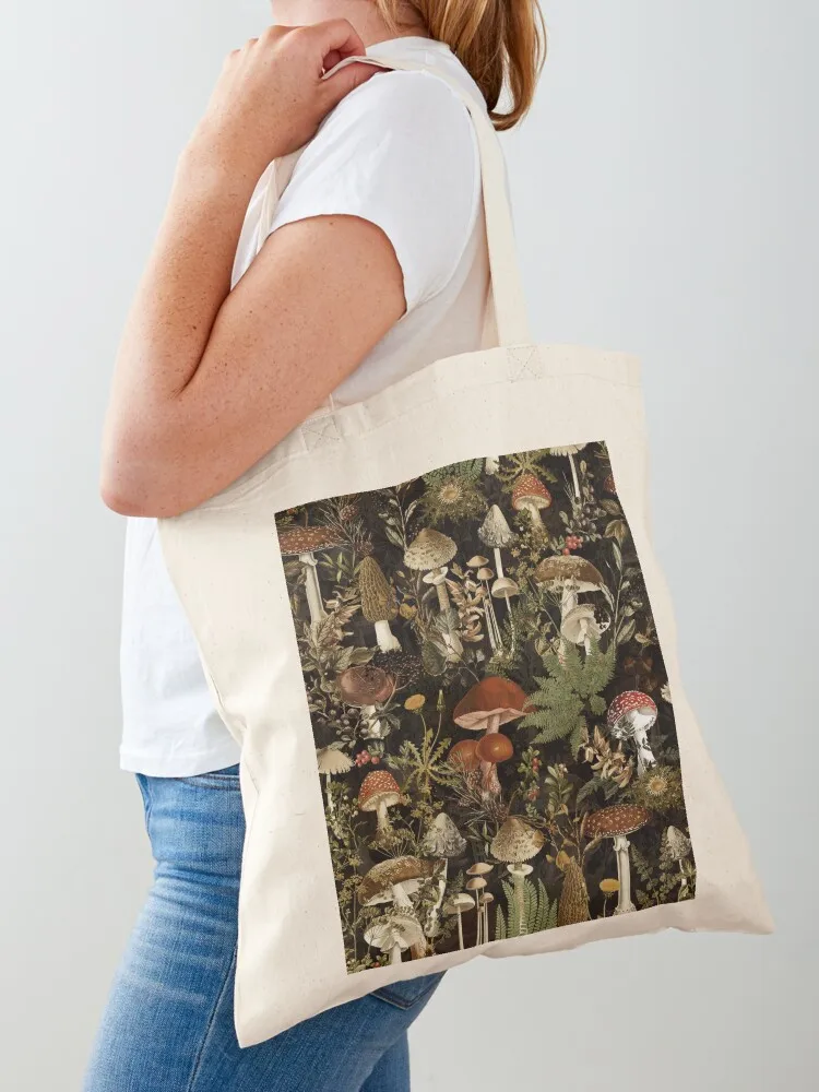 Vintage Midnight Mushrooms Forest Botanical Night Garden Pattern - Black Tote Bag Custom bag Big bag