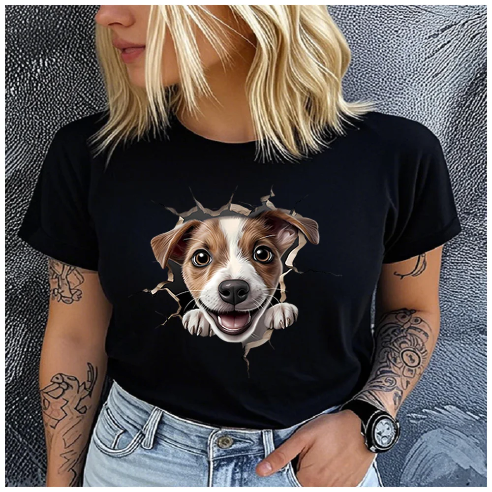 Cotton 100% 3D Crack Wall Peeking Jack Russell Terrier T-shirt Women Cute Puppy Graphic Casual Summer Dog Lover Short Sleeve Tee