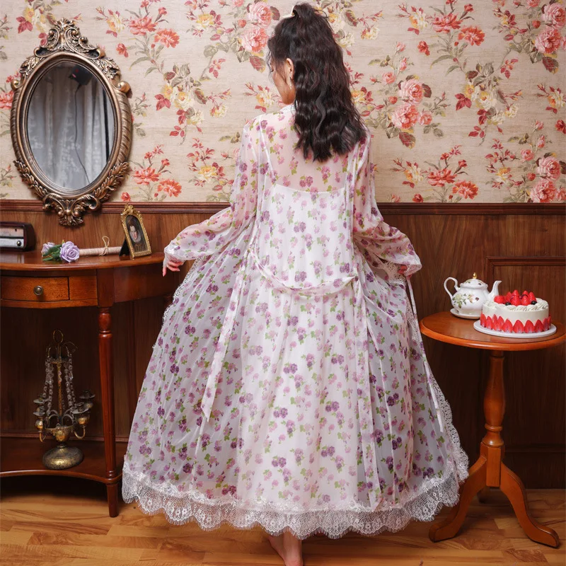 Floral Mesh Night Dress Robe Sets Women Two Pieces Sexy Long Peignoir Romantic Nightgown Bathrobe Nightwear Princess Sleepwear