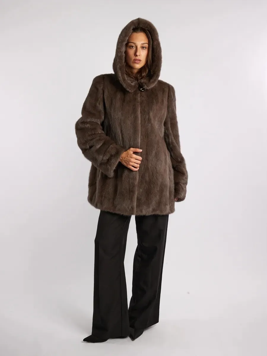 IG Women Brown Hooded Single Button Mid-Length Faux Fur Coat, Side Pockets, Winter Warm Vintage Elegant Commute Outerwear