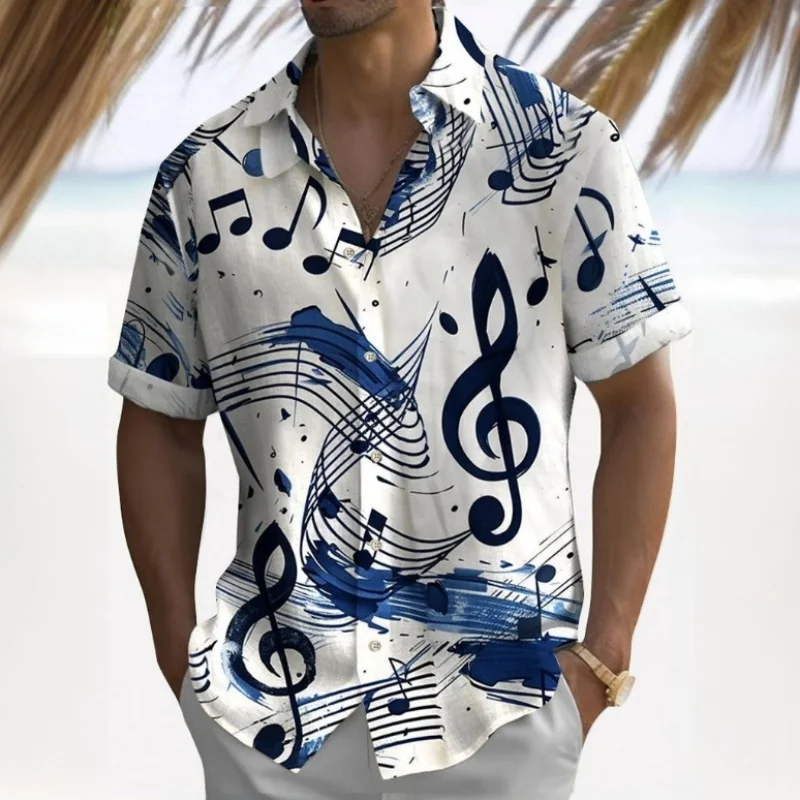 Colorful Music Note Graphic Beach Shirt For Men Color Block 3D Printed Hawaiian Shirts Summer Vacation Loose Short Sleeve Blouse