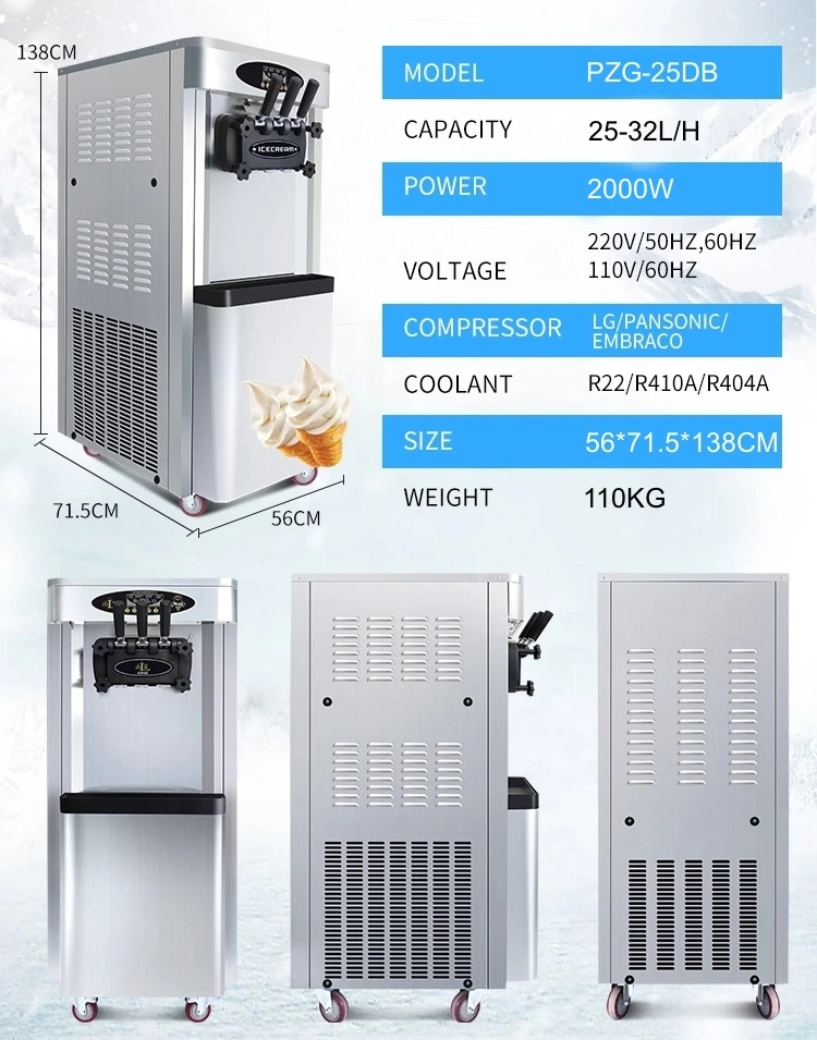 25 ~ 32L/H 2000W automatyczne czyszczenie komercyjne maszyna do lodów miękka maszyna do serwowania urządzenie do produkcji mrożonego jogurtu z 110V