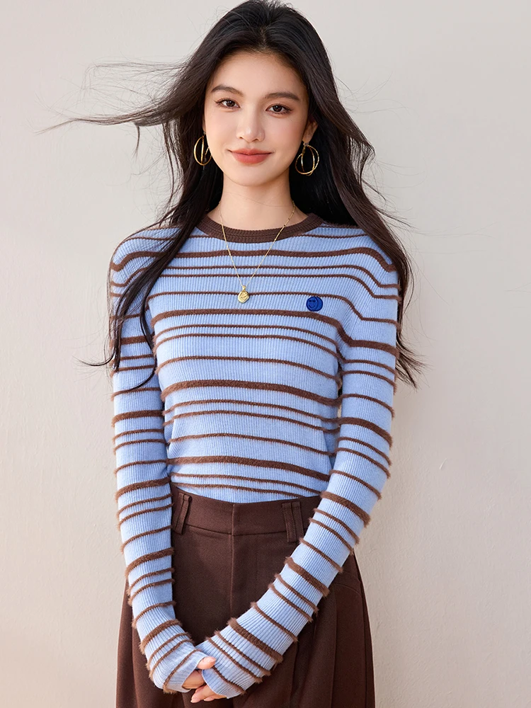 Contrast Striped Long Sleeved Knitted Tops For Women's 2024 Autumn Winter New Vintage Slim Fitting Top Casual Pullover