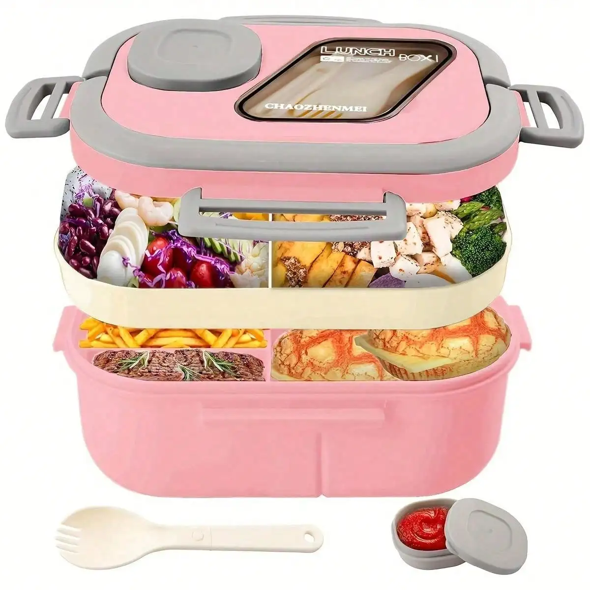 

1pc Bento Box,Bento-Style Tray For Toppings,With Reusable Fork And Knife，Partition design，With fruit box，For Work and School