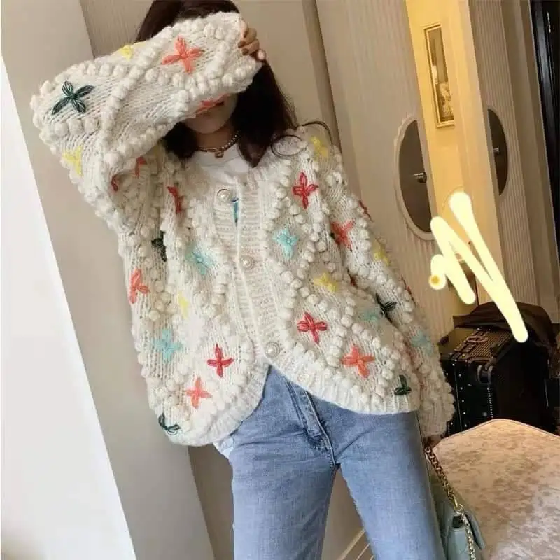 Crochet Multicoloured Star Knit Vintage Cardigan Chunky Handmade Sweater Jacket Knitwear Autumn/Winter Aoman Clothing