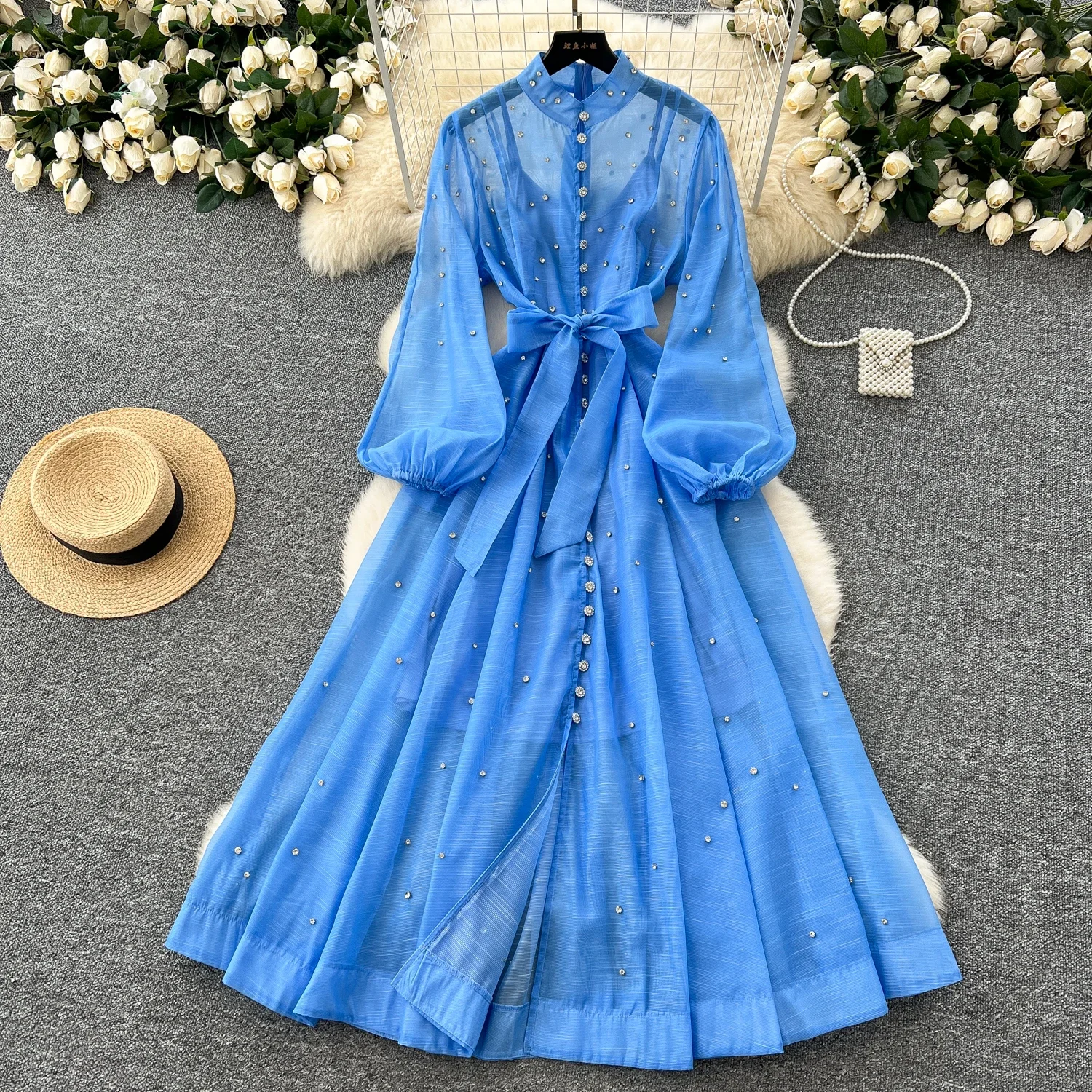 Elegant Lantern Sleeves Vintage Stand Collar Chic Single Breasted Rhinestone Bandage Slim High Street Autumn Winter Long Dresses