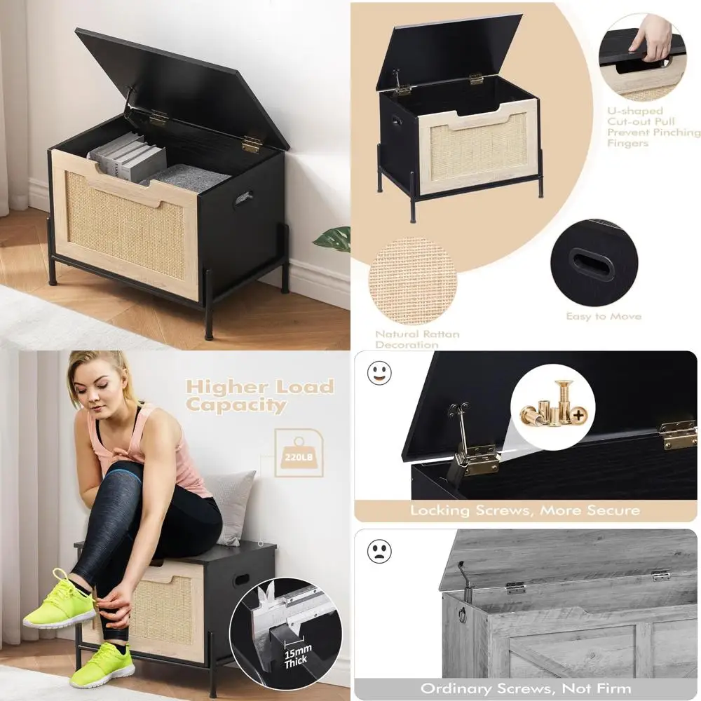 

Прочная скамейка для хранения с откидной крышкой, вмещает до 220 фунтов, подходит для прихожей, гостиных и спален, простая сборка