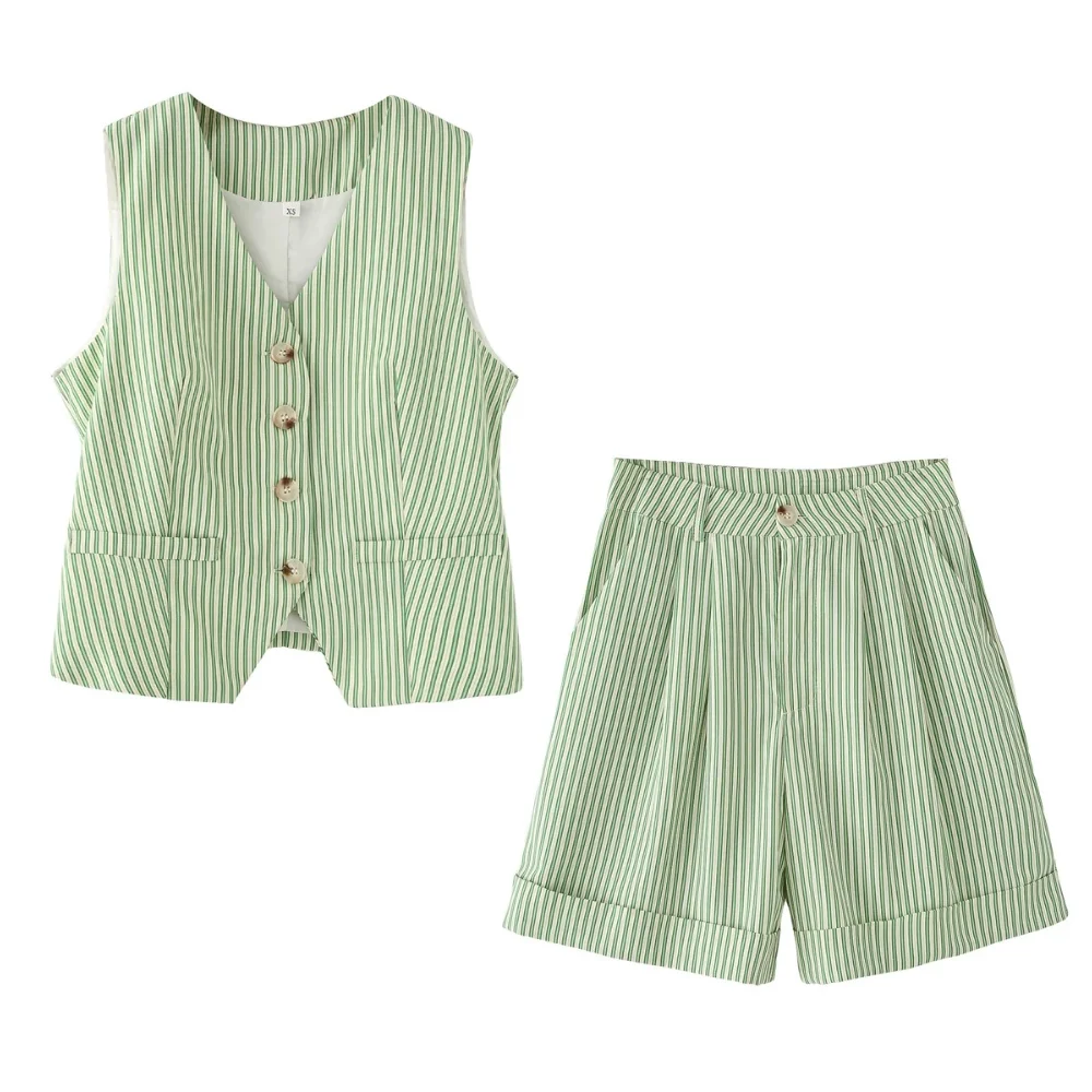 

KONDALA-Женский осенний шикарный комплект в зеленую полоску, однобортный жилет без рукавов с v-образным вырезом, широкие шорты, модный комплект летних шорт 2025 г.