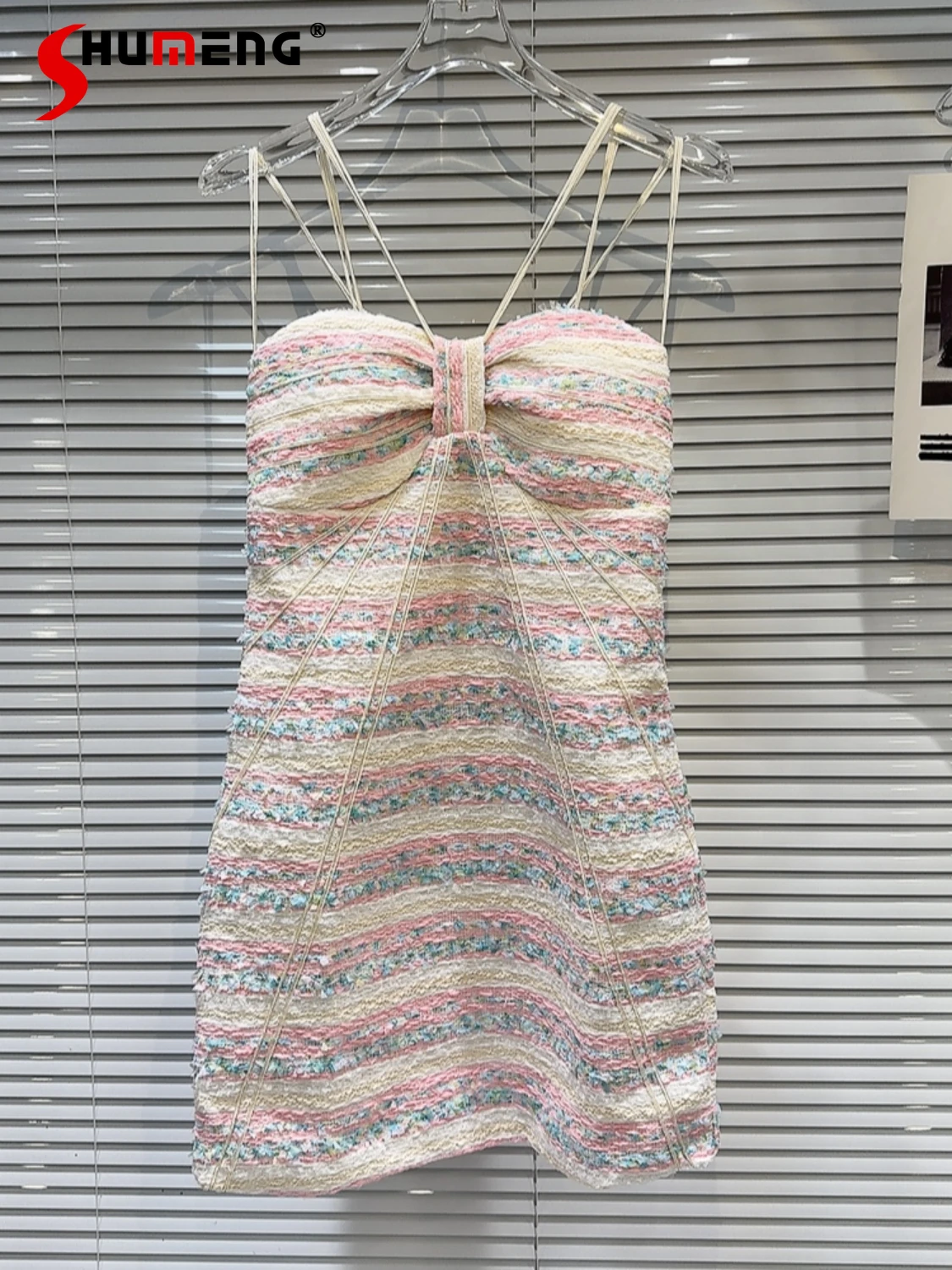 

Female 2024 Summer Small Fragrant Striped Slimming Sleeveless Dress Candy Color Tweed Dresses Waist-tight Sling Slim Fit Dresses