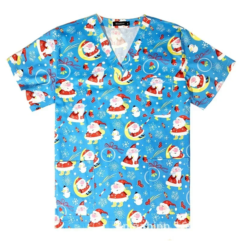 Cartoon Print Nurse Uniform V-Neck Short Sleeve Scrub Top Surgical Work Shirt for Medical Professionals Unisex Pediatric Uniform