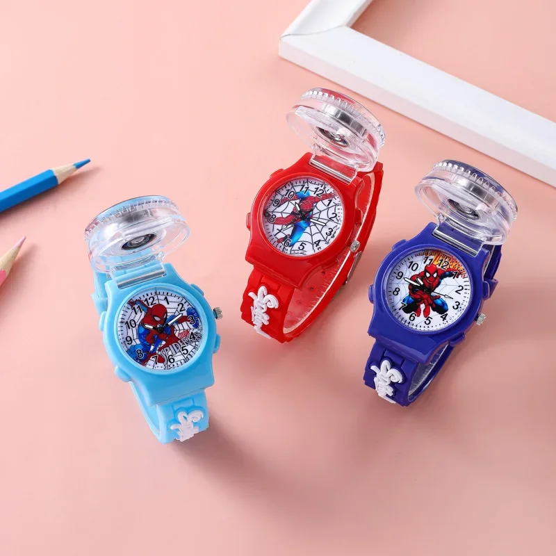 MINISO Flip Rotating Children\'s Watch Frozen Princess Aisha SpiderMan Cartoon Clock Top Student Decompression Quartz Watches