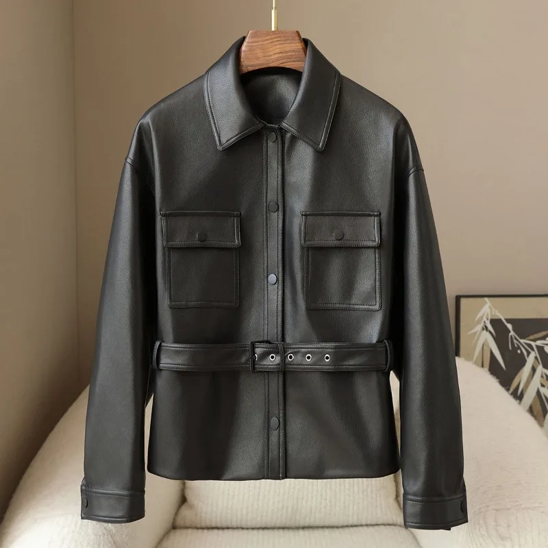 

Fashion Individualistic Belt-belt Leather Women New Spring Autumn Waist-cinched Short Stylish Jacket Motorcycle Style Retro Top