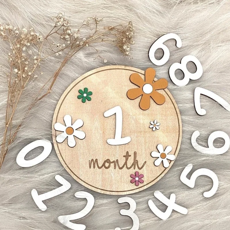 بطاقات معلم شهرية للأطفال الخشبية، زهور مزدوجة الجوانب، رقم الشهر للفتيات والأولاد، ملحقات دعائم التصوير الفوتوغرافي لحديثي الولادة