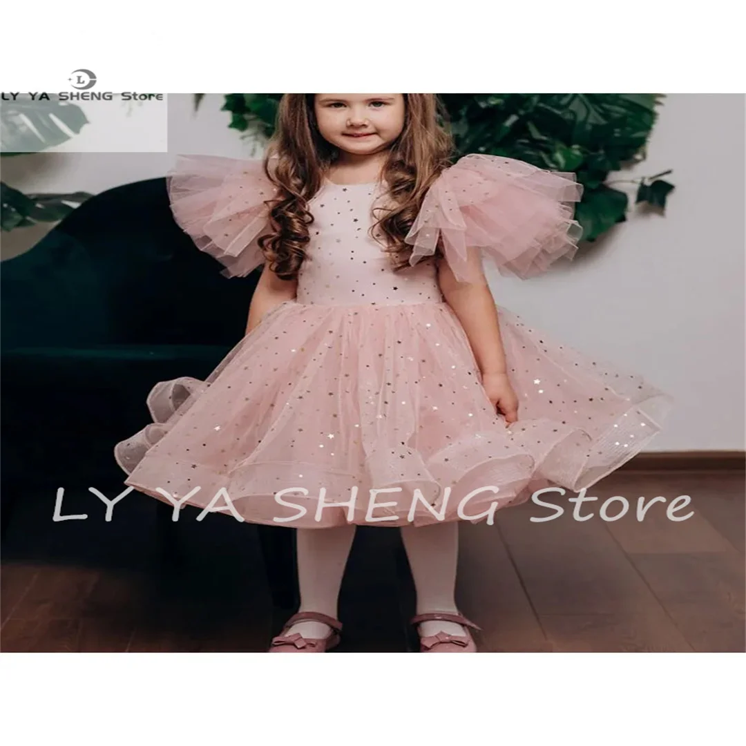 Puffy Pink Flower Girl Dress For Wedding Shining O-Neck With Bow Princess Kids Birthday Party First Communion Ball Gown